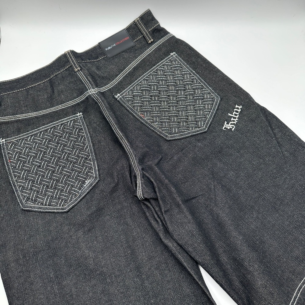 FUBU Denim Shorts Mens 38 Black Baggy Woven Pocket Y2K Hip Hop Streetwear